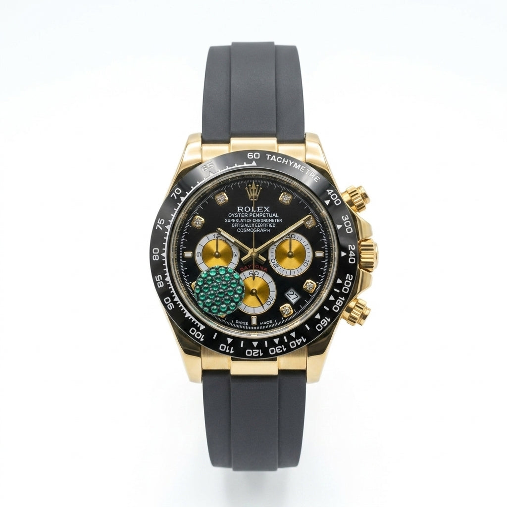 Luxury Chronograph Watch – Gold Case Black Dial with Emerald Accent & Rubber Strap